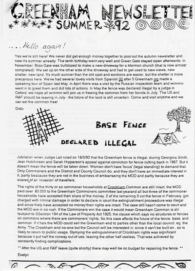 Greenham Newsletter, Summer 1992