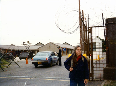 Grethe Andersen at Main Gate Greenham Common Base 1983.