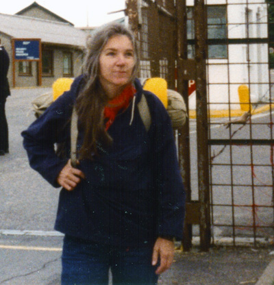 Grethe Andersen at Main Gate Greenham Common Base 1983.